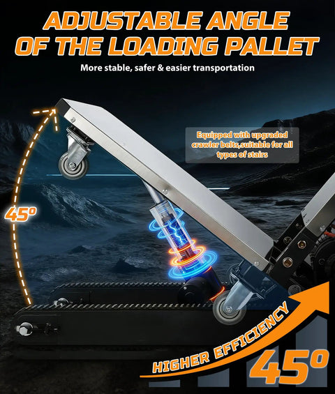 Top Shelf 1200W Electric Stair Climbing Hand Truck With Upgraded Rubber Tracks showing adjustable loading tray at 45 degrees.