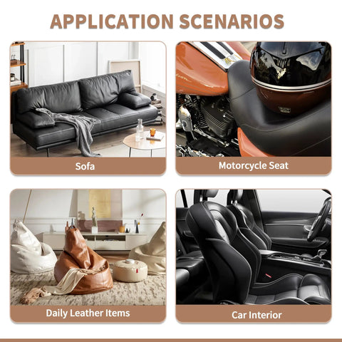 Application scenarios for Self-Adhesive Leather Repair Patch 8x11 Inch Peel and Stick on sofas, motorcycle seats, and car interiors.