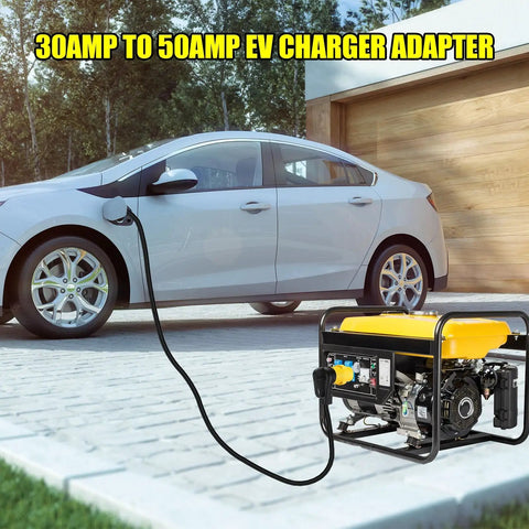 Heavy Duty Nema L6-30P To 14-50R EV Charging Adapter Converts Your 30 Amp Generator Locking Plug Into A 50 RV Outlet For No Sweat EV Camping Backup Power Setup with generator and electric vehicle.