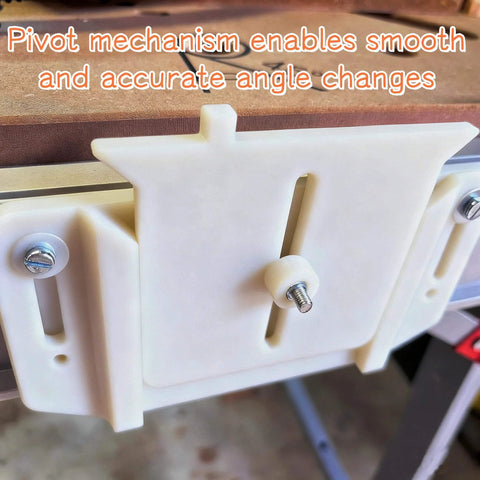 Adjustable Track Hinge For Track Saw Systems and MFT Style Workbenches close-up showing pivot mechanism for angle changes