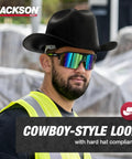Man wearing Cowboy Style Nonvented Full Brim Hard Hat With 4 Point Ratchet Suspension ANSI Z89.1 Type 1 Class E OSHA Compliant