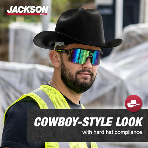 Man wearing Cowboy Style Nonvented Full Brim Hard Hat With 4 Point Ratchet Suspension ANSI Z89.1 Type 1 Class E OSHA Compliant