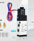 4V410-15 DC12V Pneumatic Solenoid Valve with connectors, mufflers, and outlet wire, pilot operated, 1/2 inch NPT, dimensions labeled