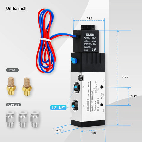 4V410-15 DC12V Pneumatic Solenoid Valve with connectors, mufflers, and outlet wire, pilot operated, 1/2 inch NPT, dimensions labeled