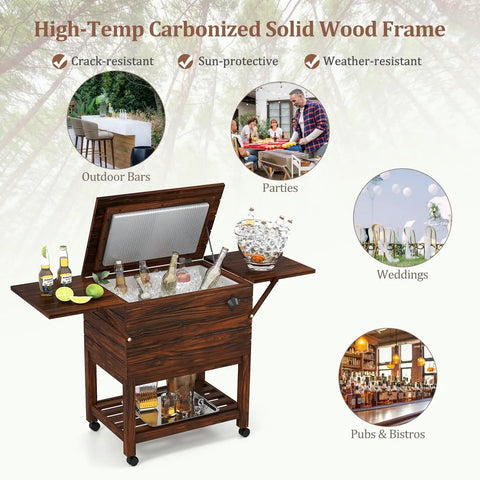 Wooden Patio Cooler Cart With 54 Quart Capacity Rolling Beverage Bar On Wheels With Bottle Opener and Drain Plug