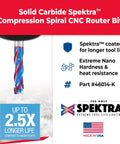 Spektra Heavy Duty Tool Life Solid Carbide CNC Compression Spiral Router Bit 3 Flute, USA made, shown with coating details