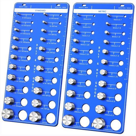 44 Thread Checker For Nut And Bolt Sizing, 22 Standard And 22 Metric Thread Sizes, Metal Gauge with Inch Ruler, blue tool with gauges.