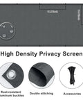 Dark Grey 3x6 Feet Waterproof Balcony Privacy Screen Fence For Outdoor Deck Patio And Backyard Heavy Duty Wind Screen For Apartments Railing Privacy Rain And UV Protection with accessories and close-up details.