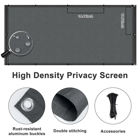 Dark Grey 3x6 Feet Waterproof Balcony Privacy Screen Fence For Outdoor Deck Patio And Backyard Heavy Duty Wind Screen For Apartments Railing Privacy Rain And UV Protection with accessories and close-up details.