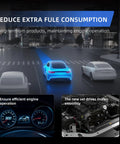 Car with enhanced fuel efficiency features in urban setting, dashboard displays showing engine performance metrics.