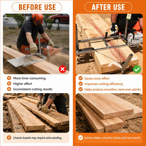 Comparison of log cutting with and without Chainsaw Mill Winch Kit With Lever Arm Anchor System For Efficient Milling