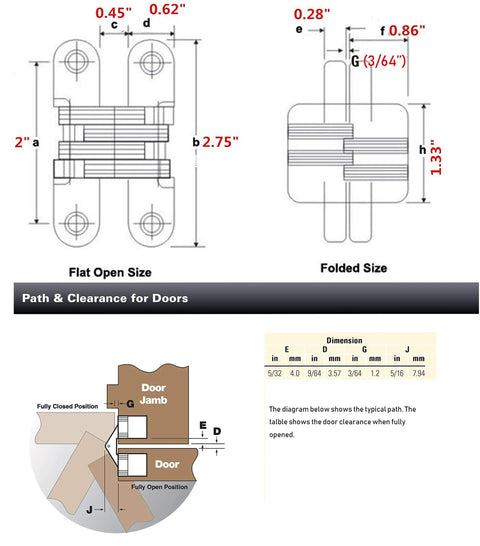 Image showing dimensions of Hidden Gate Hinge Set Two and Three Quarter Inch Stainless Steel Concealed Barrel Invisible Door Hardware.