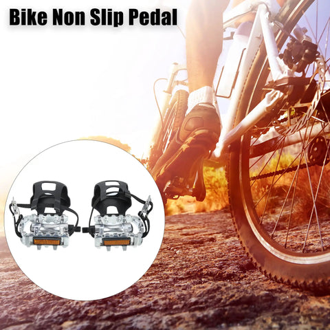 Cyclist on bike with Non Slip Bicycle Pedals With Half Inch Spindle Platform Toe Clips And Adjustable Foot Straps, outdoor view.