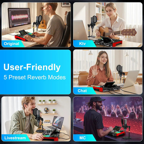 All In One Podcast Studio Bundle With Live Sound Mixer And 3.5mm Condenser Microphone P15 in various usage scenarios like streaming and music.