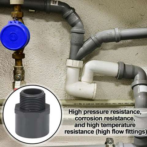Installed 4 Pack 1 Inch PVC Pipe Fittings Male Adapters Schedule 80 Socket to NPT Connectors in plumbing system with close-up.