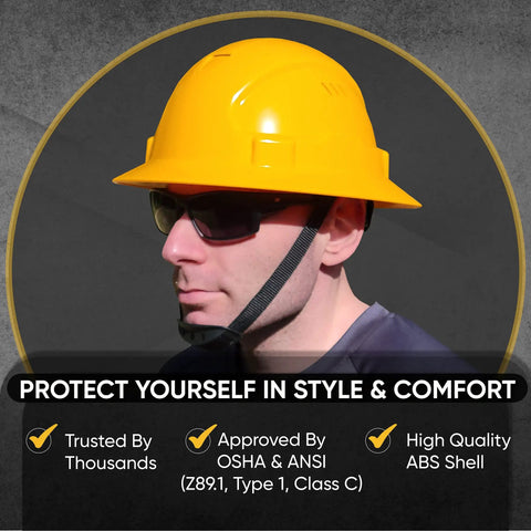 Solid Full Brim Hard Hat With ABS Construction And Ventilated Safety Design OSHA Approved Work Helmet Built Tough For All Day Comfort 6 Point Ratchet Suspension Chin Strap Sweatband Blue
