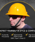 All Day Comfort Full Brim Construction Hard Hat OSHA Approved Vented Safety Helmet With 6 Point Ratchet Chin Strap on person
