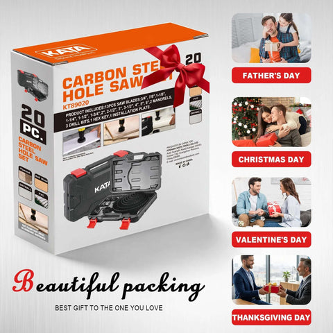 Front view of KATA 20-piece carbon steel hole saw kit box with orange lid, red bow and open case showing blades