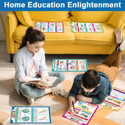 Children using Classroom Ready World Geography Poster Set for Social Studies on a carpet and sofa, enhancing home learning.