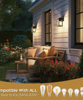 Dusk To Dawn Outdoor Porch Light With Built In Two GFCI Outlets on house wall illuminating garden seating area