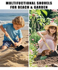 Two Pack 27 Inch Kids Shovels with Wood Handles and Metal Heads for Sand Digging Beach Play and Garden Fun, used by children.