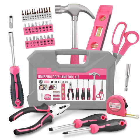 Pink Basic Tool Kit In A Portable Case For College Dorm Home And Office DIY Repairs With Essential Hand Tools And Clear Tray