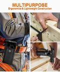 12 In 1 Hammer Multitool For Men EDC Survival Gear Kit attached to belt, used for screwing and hammering on wooden surface