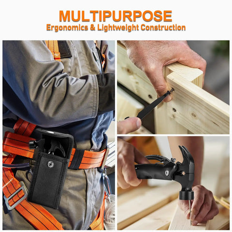 12 In 1 Hammer Multitool For Men EDC Survival Gear Kit attached to belt, used for screwing and hammering on wooden surface