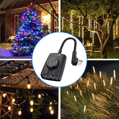 Built Tough Outdoor Dusk To Dawn Sensor Timer With Two Grounded Outlets, black dual outlet adapter for outdoor lighting.