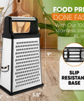 Extra Large Four Sided Stainless Steel Box Grater For Parmesan, Vegetables And Ginger, Dishwasher Safe, on kitchen counter