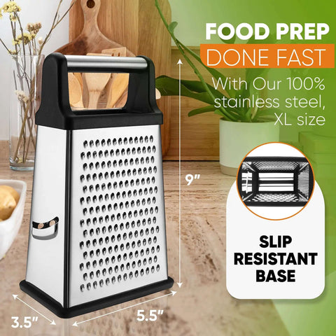 Extra Large Four Sided Stainless Steel Box Grater For Parmesan, Vegetables And Ginger, Dishwasher Safe, on kitchen counter