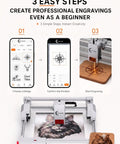 Dope 20W Laser Engraver And Cutter With Air Assist and one-click focus demonstrating engraving steps and engraved wood art