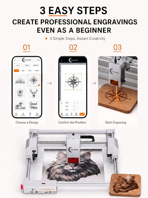Dope 20W Laser Engraver And Cutter With Air Assist and one-click focus demonstrating engraving steps and engraved wood art