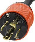 Close-up view of Nema L15-30 locking plug of Heavy Duty Industrial Rubber Extension Cord 100 Feet 30 Amp 250 Volt.