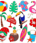 Fresh Tropical Floral Enamel Pins Bulk Set Of Twelve Summer Cartoon Brooch Women Hawaii Lapel Badge featuring vibrant beach and nature motifs.