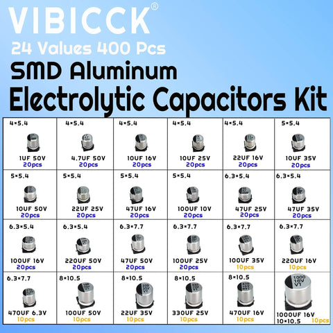 Image showing 400 Piece Aluminum Electrolytic Capacitors Assortment Kit With 24 Values For SMD And Through Hole Circuits, values displayed