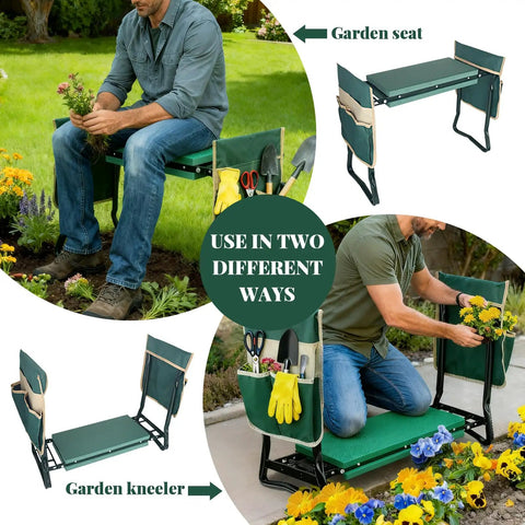 Garden Kneeler and Seat With Extra Wide 8 Inch Thick Pad, Heavy Duty Foldable Kneeling Bench with Two Tool Pouches and gardening tools