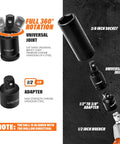 Impact Socket Set For Three Eighths Drive With SAE And Metric Sizes From Eight To Twenty Two Millimeters 48 Piece CRV Steel Six Point Sockets Plus Extension Bars Three Inch And Six Inch Reducer From Half To Three Eighths Universal Joint shown with 3/8 inch socket, adapter, and wrench.