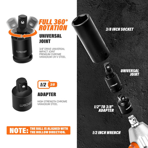 Impact Socket Set For Three Eighths Drive With SAE And Metric Sizes From Eight To Twenty Two Millimeters 48 Piece CRV Steel Six Point Sockets Plus Extension Bars Three Inch And Six Inch Reducer From Half To Three Eighths Universal Joint shown with 3/8 inch socket, adapter, and wrench.