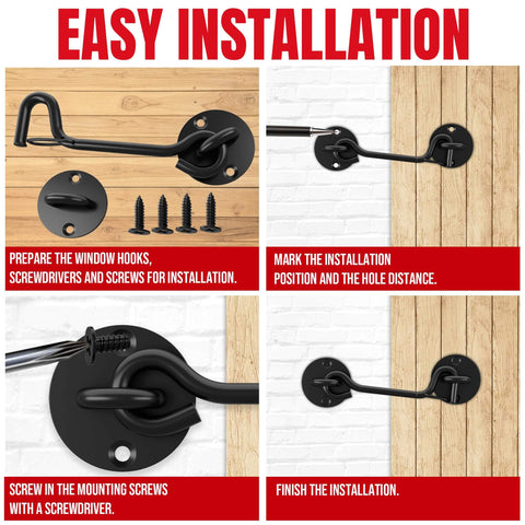 Image showing step-by-step installation of Heavy Duty 6 Inch Cabin Hook And Eye Latch With Safety Buckle, Black Privacy Latch.