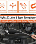Telescoping Magnetic Pickup Tool Set With Inspection Mirror And 3 LED Lights used to retrieve bolts from car engine