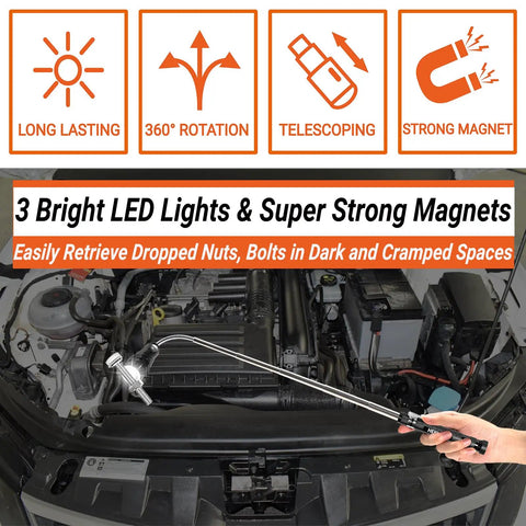 Telescoping Magnetic Pickup Tool Set With Inspection Mirror And 3 LED Lights used to retrieve bolts from car engine