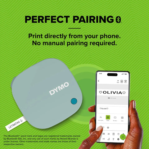 Totally Slick Bluetooth Label Maker With Free Mobile App Control, super handy portable printer shown with smartphone, print directly from phone.