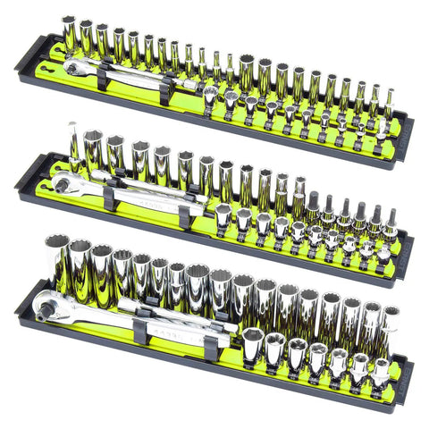 Pro Grade Hi Viz Socket Boss 3 Pack Organizer Set For Sockets And Ratchets Holds 114 Sockets With 44 1/4 Inch Drive 36 3/8 Drive