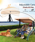 Three Seat Outdoor Porch Swing With Adjustable Canopy in garden setting, featuring comfy waterproof cushions and family seated.