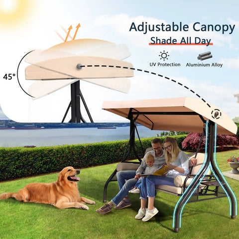 Three Seat Outdoor Porch Swing With Adjustable Canopy in garden setting, featuring comfy waterproof cushions and family seated.