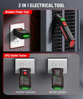 Circuit Breaker Finder Kit With GFCI Outlet Tester And Dual LED Indicators, All In One Electrical Tracer With Flashlight, Carrying Case And Adapters KT302P showing breaker finder and GFCI tester in use.