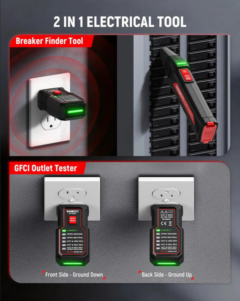 Circuit Breaker Finder Kit With GFCI Outlet Tester And Dual LED Indicators, All In One Electrical Tracer With Flashlight, Carrying Case And Adapters KT302P showing breaker finder and GFCI tester in use.