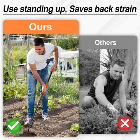 Man using Heavy Duty Garden Hoe For Quick Weeding, Forged High Carbon Steel Blade With Rust Resistant Coating, 58 Inch Fiberglass Handle