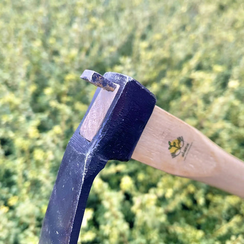 Close-up of 14 Inch Tough As Nails Narrow Hoe With Oak Wood Handle Japanese Carbon Steel Garden Tool For Digging Weeding And Planting